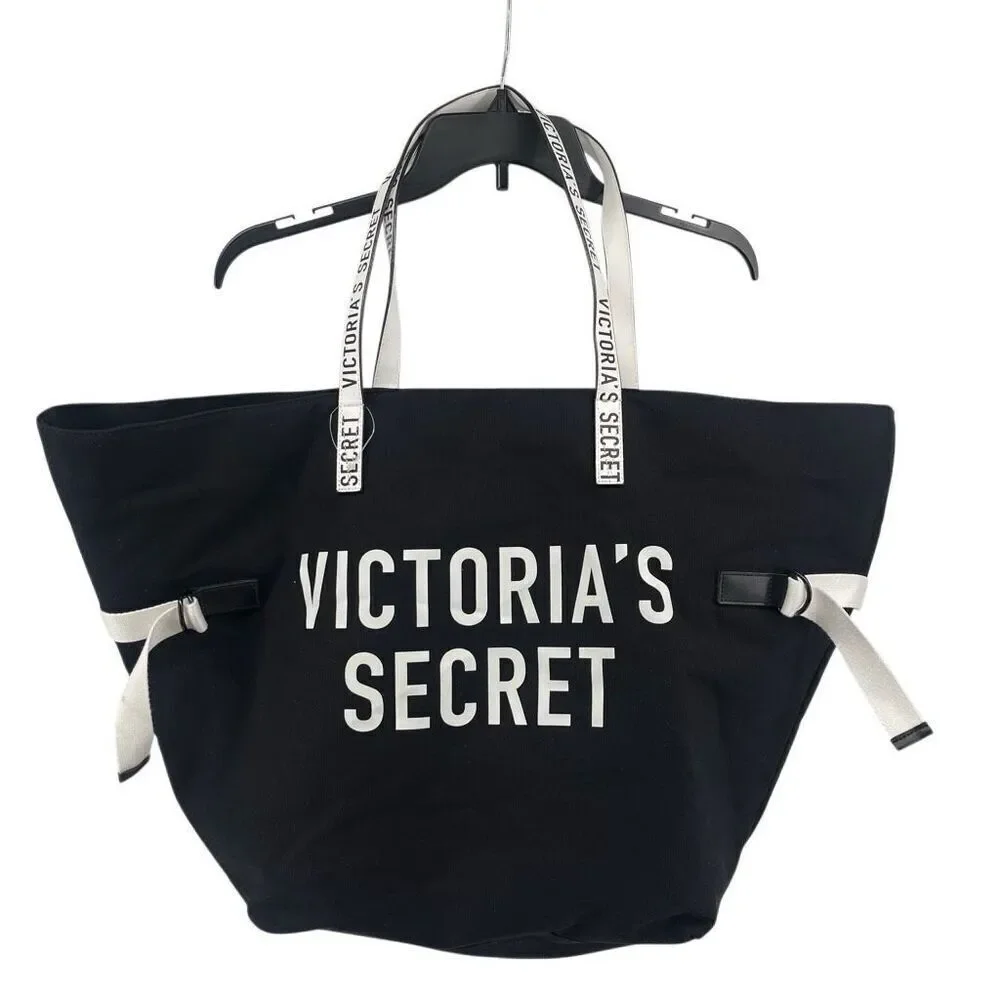 Victoria’s Secret Large Tote Bag Black White Canvas Logo 2018 Collectible - Picture 3 of 17